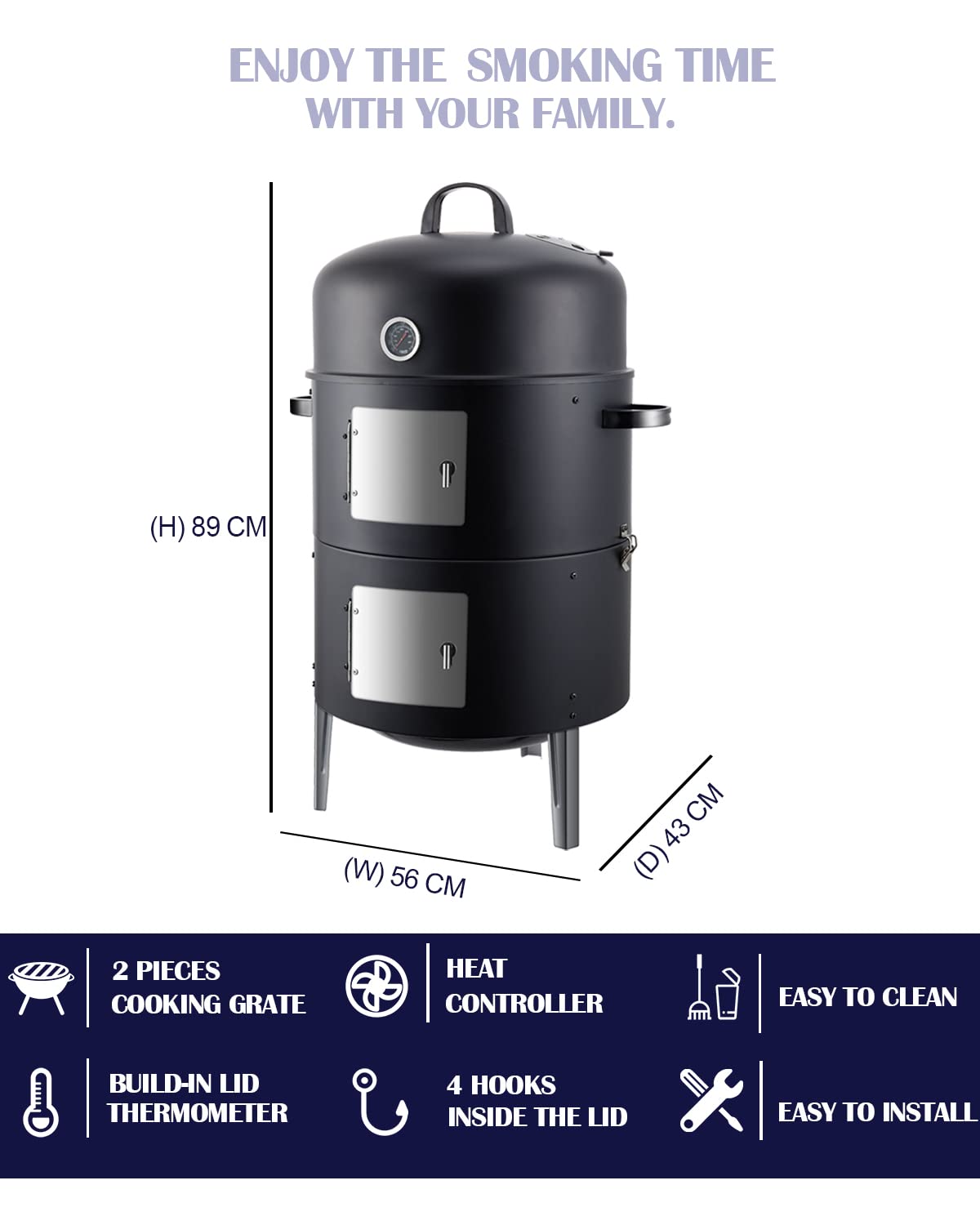 SUNLIFER Charcoal BBQ Grill, Heavy Duty 3-in-1 Barbecue Smoker Grill for Garden Camping Outdoor Cooking and Grilling