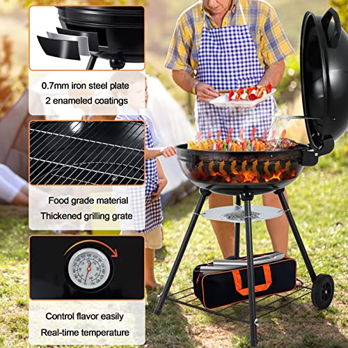 HaSteeL 22-Inch Kettle Charcoal Grill, Portable BBQ Gill with Wheels for Outdoors Barbecue, Camping, Picnic, Backyard, Tailgating, Beach, Storage Rack & 355 SQ.In Cooking Area, Black Porcelain Enamel