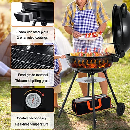 HaSteeL 22-Inch Kettle Charcoal Grill, Portable BBQ Gill with Wheels for Outdoors Barbecue, Camping, Picnic, Backyard, Tailgating, Beach, Storage Rack & 355 SQ.In Cooking Area, Black Porcelain Enamel