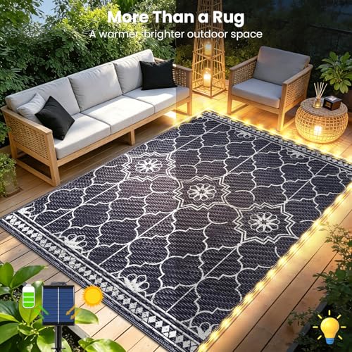 6x9Ft Outdoor Rug, Solar Powered Outdoor Rug with 94LEDs Strip Lights for House Deck, Waterproof Plastic Reversible Outdoor Straw Rugs, Rugs Mat RV Camping Patio Beach Balcony Picnic (Blue White)