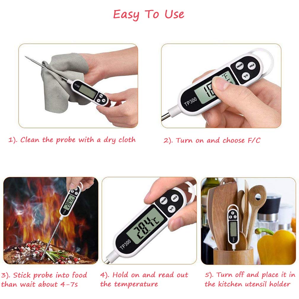 Digital Meat Food Thermometer for Cooking Kitchen BBQ, Probe Instant Read Thermometer with Long Probe for Candy Candle Milk Yogurt Deep Fry Roast Baking Temperature