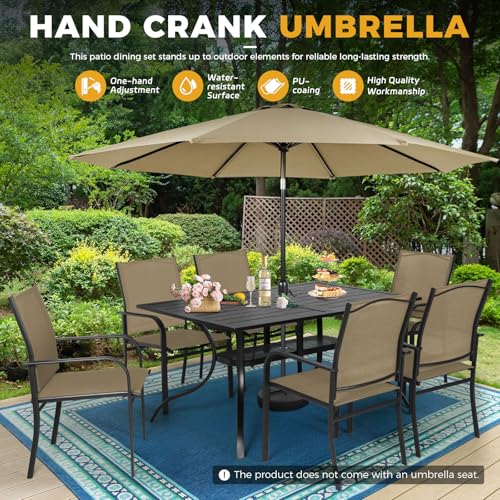Incbruce 8 Pieces Patio Dining Set with Brown Umbrella, Outdoor Dining Set of 6 Textilene Chairs and Rectangle Table with Umbrella Hole for Backyard, Garden, and Poolside (Brown)