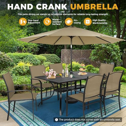 Incbruce 8 Pieces Patio Dining Set with Brown Umbrella, Outdoor Dining Set of 6 Textilene Chairs and Rectangle Table with Umbrella Hole for Backyard, Garden, and Poolside (Brown)