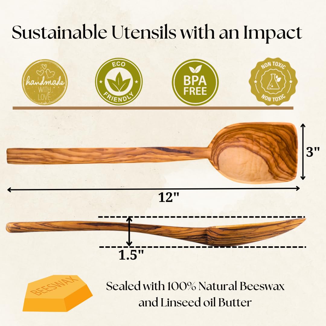 OLIVE WOOD Cooking Spoon, Great Gift, Handcrafted in Greece, Fair Trade Foodie Gift – Artisan Wooden Kitchen Includes Two Greek Recipe Cards - LESVOS WOODCRAFT