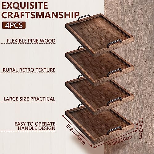 4 Pcs Large Wooden Serving Tray Decorative 15.8 x 11.8 x 1.2 in Ottomantray Rustic with Handle Coffee Table Wood Tray Kitchen Platter for Christmas Thanksgiving Party Gift Breakfast Wedding(Brown)