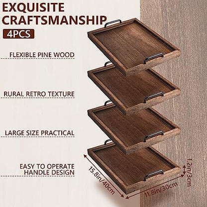 4 Pcs Large Wooden Serving Tray Decorative 15.8 x 11.8 x 1.2 in Ottomantray Rustic with Handle Coffee Table Wood Tray Kitchen Platter for Christmas Thanksgiving Party Gift Breakfast Wedding(Brown)