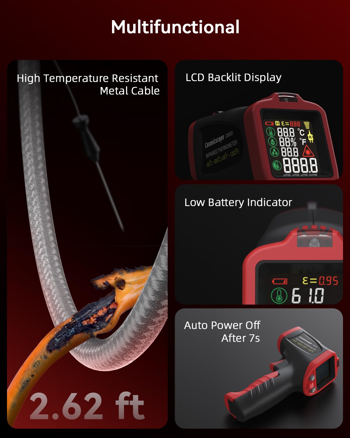 Infrared Thermometer Temperature Gun with Probe -58℉ to 1202℉, Digital Heat Surface Temp Gun, Non-Contact Laser Thermal Gun for Cooking Food, Barbecue Meat, Pizza Oven, Griddle (CM650)
