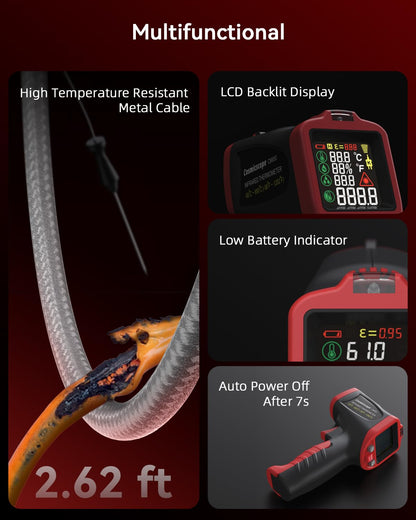 Infrared Thermometer Temperature Gun with Probe -58℉ to 1202℉, Digital Heat Surface Temp Gun, Non-Contact Laser Thermal Gun for Cooking Food, Barbecue Meat, Pizza Oven, Griddle (CM650)
