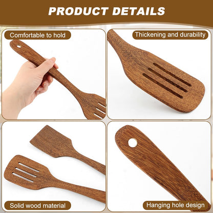 2 Pack Wooden Spatula, Solid Turner & Slotted Spatula Set for Nonstick Pans, Wood Long Handle Flat Frying Turner, Wood Spatulas for Cooking, Frying, Baking