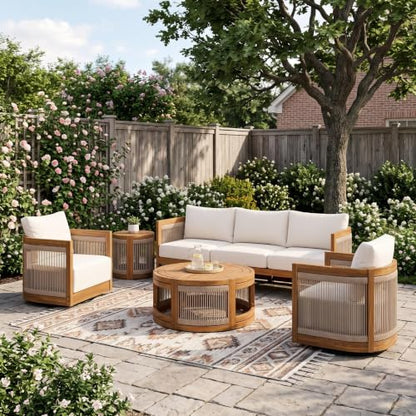 Christopher Knight Home Ayla 7-Seater Patio Furniture Set with Coffee Table, Set of 4 Outdoor Swivel Accent Chair and Sofa Set, 5 Piece Outdoor Acacia Wood Conversation Set with Cushion, Teak+Beige