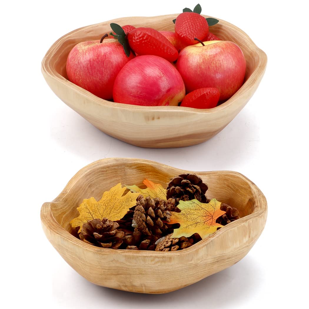 Varku 2PCS Decorative Wooden Bowls, Wood Fruit Bowls for Serving Fruits Candy Desserts, Creative Handmade Natural Wooden Bowls, Rustic Wood Bowls for Home Decor