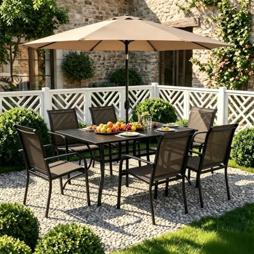 Crownland 7 Piece Patio Dining Set, Textilene Dining Sets, 6 Textilene Metal Chairs and Rectangular Outdoor Dining Table with Khaki 9FT Round Outdoor Umbrella (Brown)