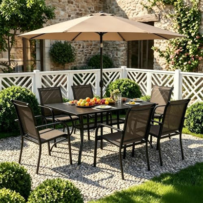 Crownland 7 Piece Patio Dining Set, Textilene Dining Sets, 6 Textilene Metal Chairs and Rectangular Outdoor Dining Table with Khaki 9FT Round Outdoor Umbrella (Brown)