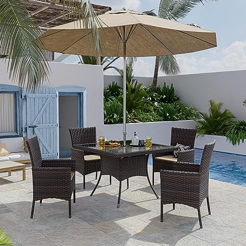 Gotland 10 Piece Outdoor Dining Set, All-Weather Rattan Patio Furniture Set with Umbrella Hole Tempered Glass Square Table, Outdoor Table and Chairs with Removable Cushions for Backyard, Deck Khaki