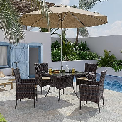 Gotland 10 Piece Outdoor Dining Set, All-Weather Rattan Patio Furniture Set with Umbrella Hole Tempered Glass Square Table, Outdoor Table and Chairs with Removable Cushions for Backyard, Deck Khaki