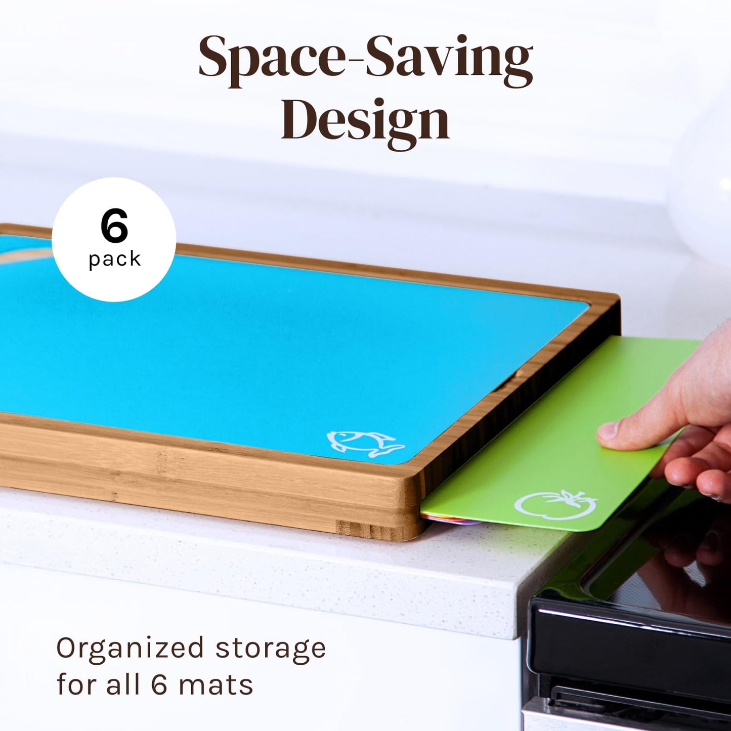 Bamboo Wood Cutting Board Set, Bamboo with 6 Color Coded Flexible Plastic Chopping Mats with Food Icons, Wooden Cutting Boards For Kitchen, Wooden Chopping Board Set Non Toxic Dishwasher Safe