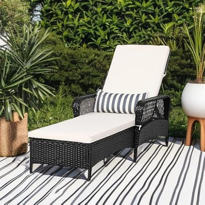 Tangkula Wicker Chaise Lounge Outdoor, Patio Rattan Reclining Chaise with 6-Gear Adjustable Backrest, Thick Padded Cushion & Removable Lumbar Pillow, Pool Lounge Chairs for Outside Balcony Backyard