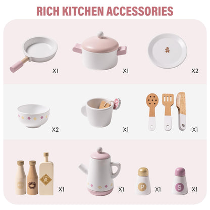 ROBOTIME Wooden Play Kitchen Set, Pretend Play Kitchen Set for Kids with Realistic Design, Kids & Toddlers Kitchen Playset with Dishwasher, Toy Kitchen Set for Boys and Girls Ages 3+ (Pink)