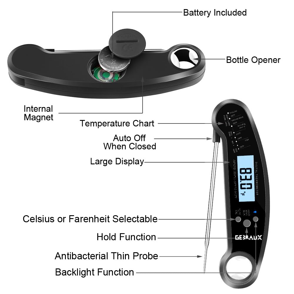 Digital Kitchen Thermometer for Bread, Candy, Yogurt, Liquids, Baking, BBQ Meat - Instant Read, Waterproof Magnetic Body and Wireless Large Probe with a Bottle Opener and Backlit Dial
