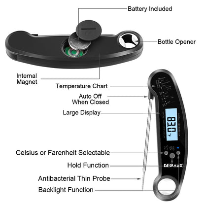 Digital Kitchen Thermometer for Bread, Candy, Yogurt, Liquids, Baking, BBQ Meat - Instant Read, Waterproof Magnetic Body and Wireless Large Probe with a Bottle Opener and Backlit Dial