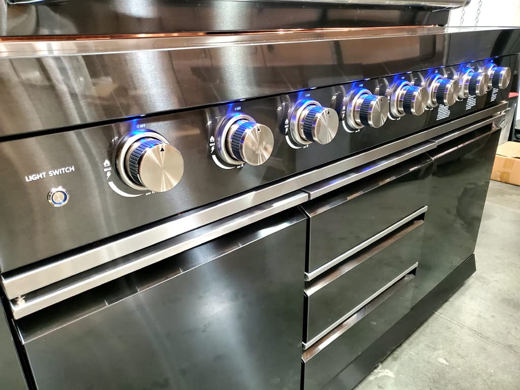 3 Piece Pizza Oven + Black Stainless Steel 6 Burner Black Marble Top Modular Island BBQ Outdoor Electric Propane Grill Kitchen with Fridge, Sink, Side Burner, LED Lights on Knobs, and Grill Cover