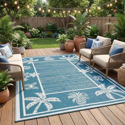 Garvee Outdoor Rug 5x8 Waterproof for Patios, Reversible Plastic Straw Rug, Tropical Leaf Indoor Outdoor Rugs, Large Area Rug for RV, Camping, Deck, Picnic Mat, Outside Carpet, Blue & White