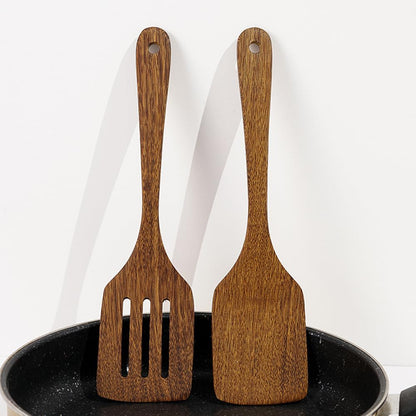 2pcs Wooden Spatula Wood Long Handle Flat Frying Turner Nonstick Flat Frying Spatulas Cooking Spurtle Utensils for kitchen use(COLOR:natural)