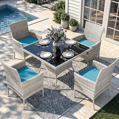 Sweecci Outdoor Dining Set, 5-Piece Patio Furniture Set with Tempered Glass Table and 4 Cushioned Chairs, Dual-Strand Wicker Rattan, Balcony Furniture for Backyard, Garden, Deck,– Turquoise