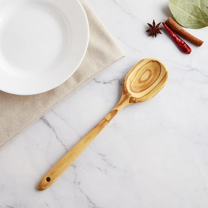 Olive Wood Cooking Utensils, 12 Inch Long Handle Wood Spoons, 3 PCES Crafting Wooden Spoon Set - Includes Turner, Spoon, Pasta Server, Essential Wooden Utensil Set