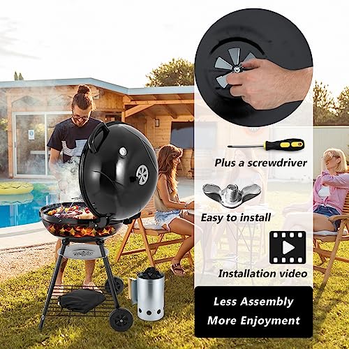 HaSteeL 22-Inch Kettle Charcoal Grill, Portable BBQ Gill with Wheels for Outdoors Barbecue, Camping, Picnic, Backyard, Tailgating, Beach, Storage Rack & 355 SQ.In Cooking Area, Black Porcelain Enamel