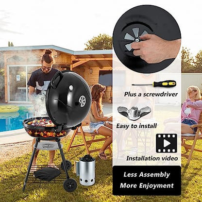 HaSteeL 22-Inch Kettle Charcoal Grill, Portable BBQ Gill with Wheels for Outdoors Barbecue, Camping, Picnic, Backyard, Tailgating, Beach, Storage Rack & 355 SQ.In Cooking Area, Black Porcelain Enamel