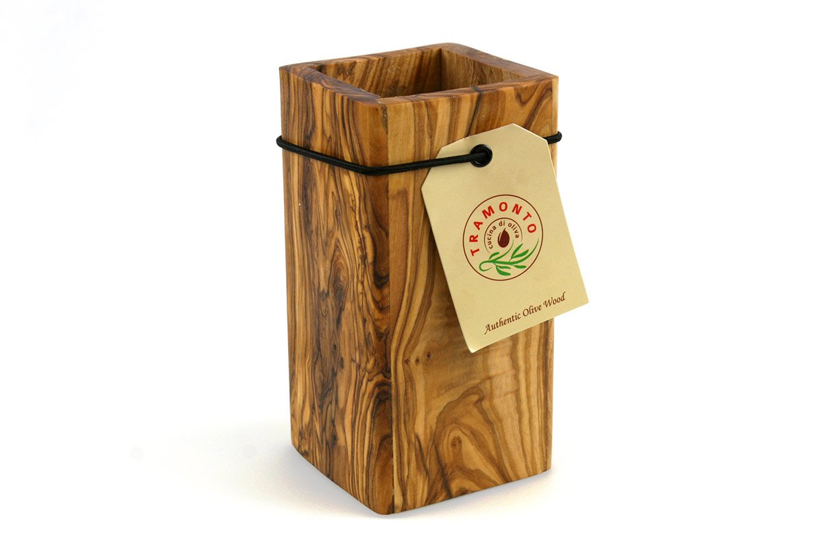 Tramanto Olive Wood Utensil Holder - Compact 3 x 3 Inch Square Wooden Crock for Kitchen Tools and Cooking (6 Inch Tall)