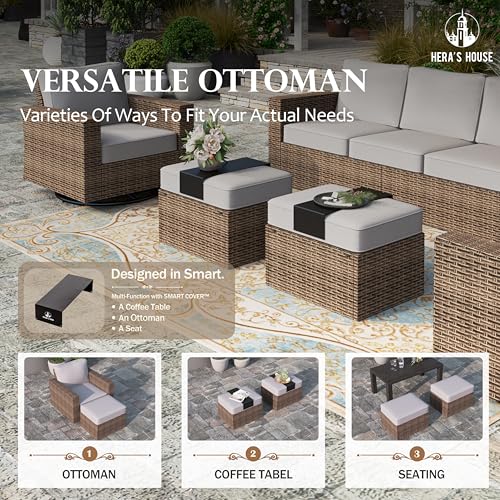 HERA'S HOUSE Swivel Glide Patio Furniture Set with 4.92" Widened Armrest Chairs, Outdoor Conversation Set, 5 Pieces Deep Seating Yellow Rattan Sofa with 5.5" Gray Cushions for Deck Garden Yard