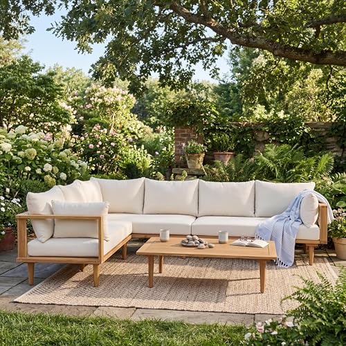 Merax 102" Outdoor Modular Sectional Sofa Set, 6 Seats L-Shaped Couch Wood Waterproof Fabric Patio Furniture Set with Coffee Table, Weather-Resistant Cushions for Backyard, Poolside, Natural+Beige