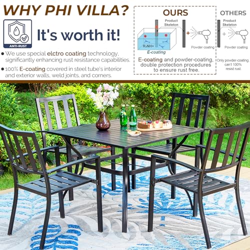 PHI VILLA 5 Piece Outdoor Dining Set with 10ft Umbrella, 37" Square Metal Dining Table & 4 Stacking Metal Chair with 3 Tier Navy Umbrella for Patio, Deck, Yard, Porch