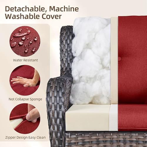 Rilyson Outdoor Patio Wicker Sofa 900Lbs Weight Capacity, Large 3 Seater Wicker Patio Couch with 4in Seat Cushions and Deep Seating, All Weather for Backyard, Garden, Poolside (Brown/Red)