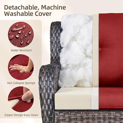 Rilyson Outdoor Patio Wicker Sofa 900Lbs Weight Capacity, Large 3 Seater Wicker Patio Couch with 4in Seat Cushions and Deep Seating, All Weather for Backyard, Garden, Poolside (Brown/Red)