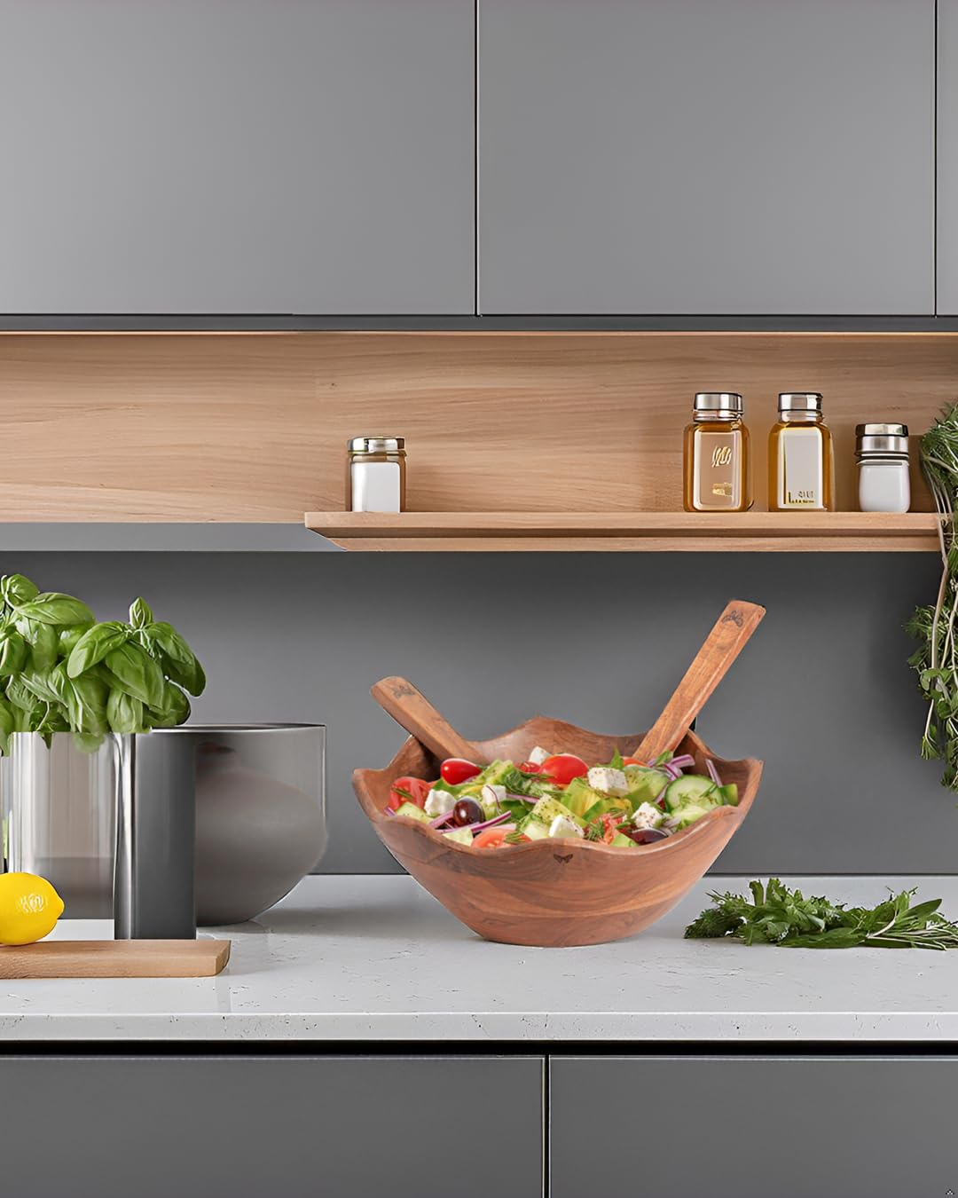 Melvvi Large Wooden Salad Bowl Set with 2 Small Bowls and 2 Serving Utensils | 12" & 6" Acacia Wood Bowls for Food | Great Gift for Kitchen & Dining (Natural Set of 5) (Natural Set of 3)