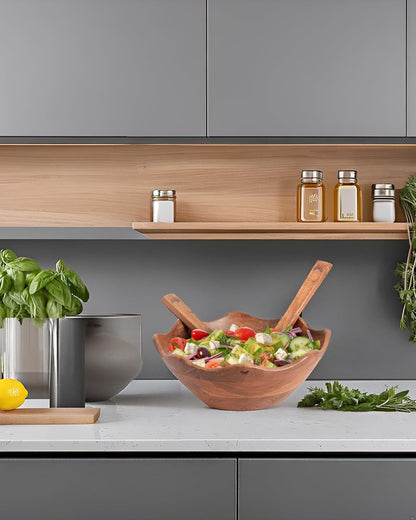 Melvvi Large Wooden Salad Bowl Set with 2 Small Bowls and 2 Serving Utensils | 12" & 6" Acacia Wood Bowls for Food | Great Gift for Kitchen & Dining (Natural Set of 5) (Natural Set of 3)