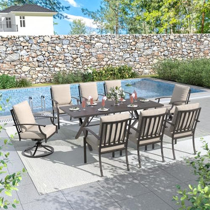 ALAULM 9-Piece Patio Dining Table and Chairs for 8 Outdoor Dining Set with 2 Swivel Chairs Patio Dining Sets with Rectangular Metal Table with Umbrella Hole for Patio, Backyard, Garden-Sand