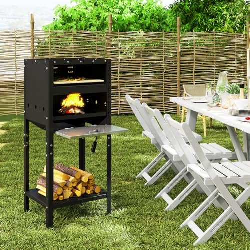 Happygrill 12” Pizza Oven Outdoor, Wood-Fired Pizza Stove with Ash Tray & Wood Storage, Pizza Stone, Pizza Peel & Oxford Cloth Cover, Multi-Fuel Pizza Maker for Patio, Backyard, Camping & BBQ