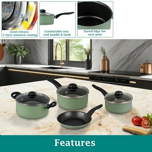 7 Piece Non Stick Aluminium Cookware Set - Pots, Pans with Even Heating, Perfect for Daily Cooking
