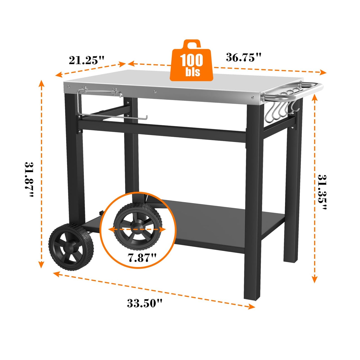 GRILL FORCE Outdoor Grill Table, Movable Dining Cart, Pizza Oven Table Stand, Double-Shelf Grill Stand, Food Prep and Work Cart with Wheels, Hooks, Fits for Blackstone Ninja