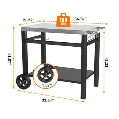 GRILL FORCE Outdoor Grill Table, Movable Dining Cart, Pizza Oven Table Stand, Double-Shelf Grill Stand, Food Prep and Work Cart with Wheels, Hooks, Fits for Blackstone Ninja