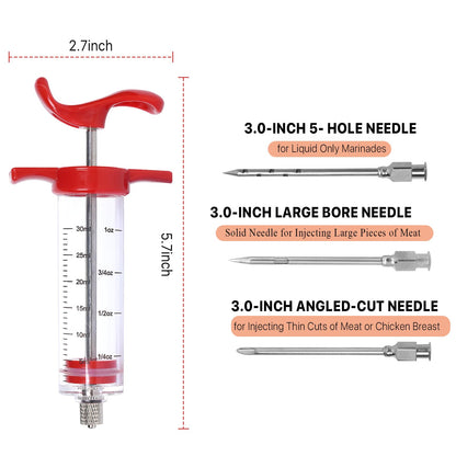 Turkey Injector Syringe - 3 Marinade Injector Needles, 1oz Meat Injector Syringe, Include 5- Hole Needle, Premium Portable Meat Injector Kit with Black Oil Brush & Cleaning Brush, Easy to Use & Clean
