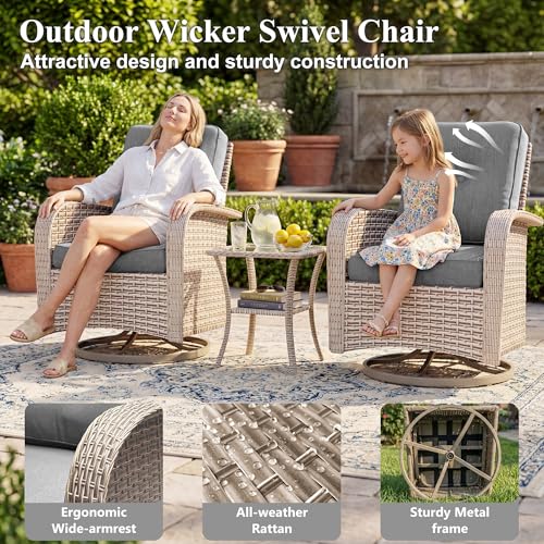 SnugVista Patio Furniture Set, 12-Piece Outdoor Sectional Sofa with Swivel Rocker Chairs & Ottomans, Wicker Patio Conversation Set with Coffee Table, Gray Cushions