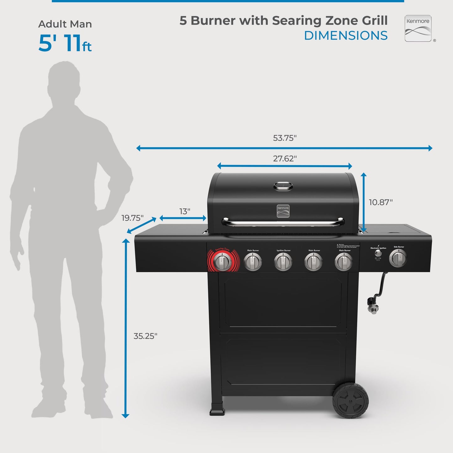 Kenmore BBQ Propane Gas Grill - 5 Burners with Side Burner & Searing Zone, 644 Sq. In. Stainless Steel Grill, 66,000 BTU, Ideal for Outdoor Cooking, Patio & Backyard, Black
