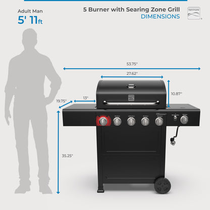 Kenmore BBQ Propane Gas Grill - 5 Burners with Side Burner & Searing Zone, 644 Sq. In. Stainless Steel Grill, 66,000 BTU, Ideal for Outdoor Cooking, Patio & Backyard, Black