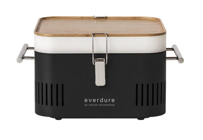 Everdure CUBE Portable Charcoal Grill, Tabletop BBQ, Perfect Tailgate, Beach, Patio, or Camping Grill, Lightweight & Compact Small Grill with Preparation Board & Food Storage Tray, Matte Black