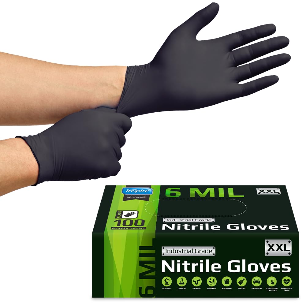 Inspire Black Nitrile Gloves HEAVY DUTY 6 Mil Chemical Resistant Medical Cooking Cleaning Disposable Glove